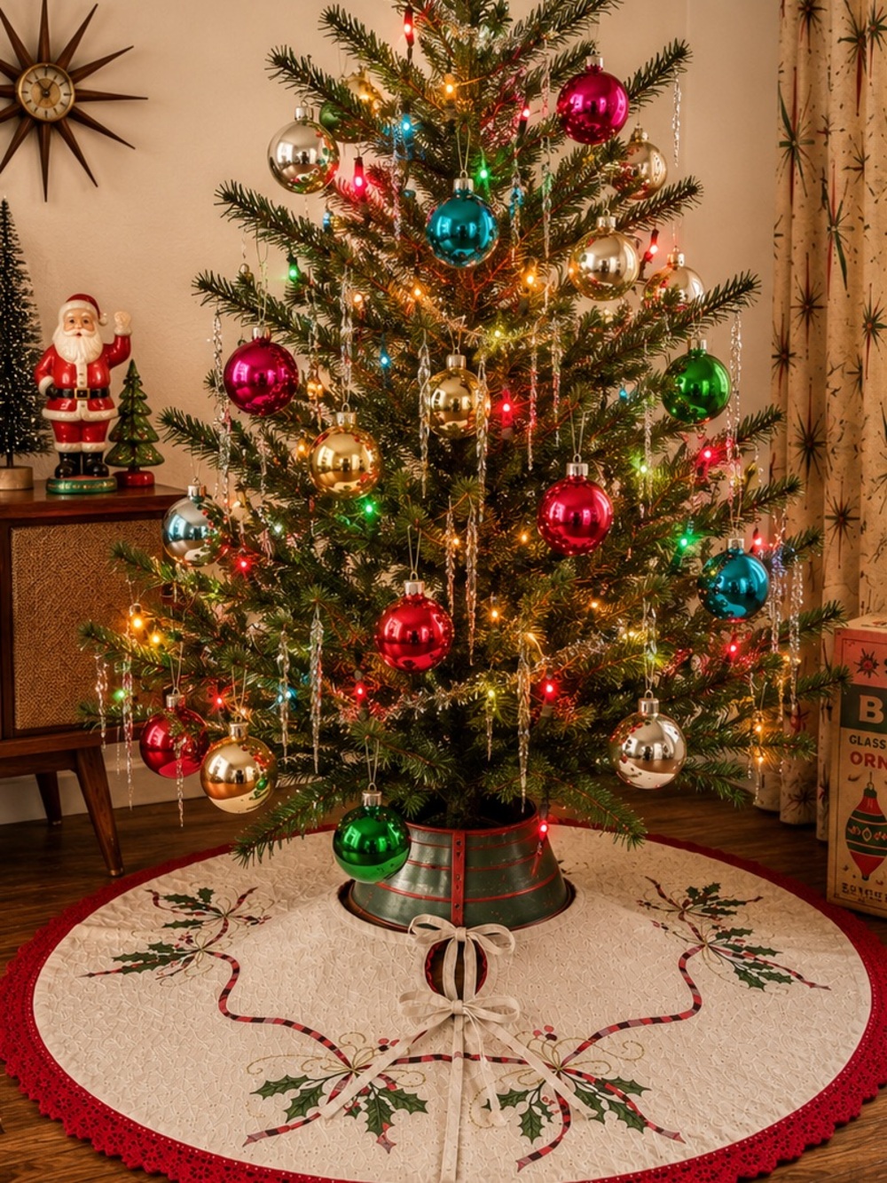 Vintage Handmade Embroidered Christmas Tree Skirt Red Crochet Trim